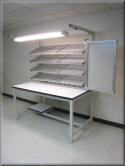 Workbench with Tilting Flow Rack Shelves